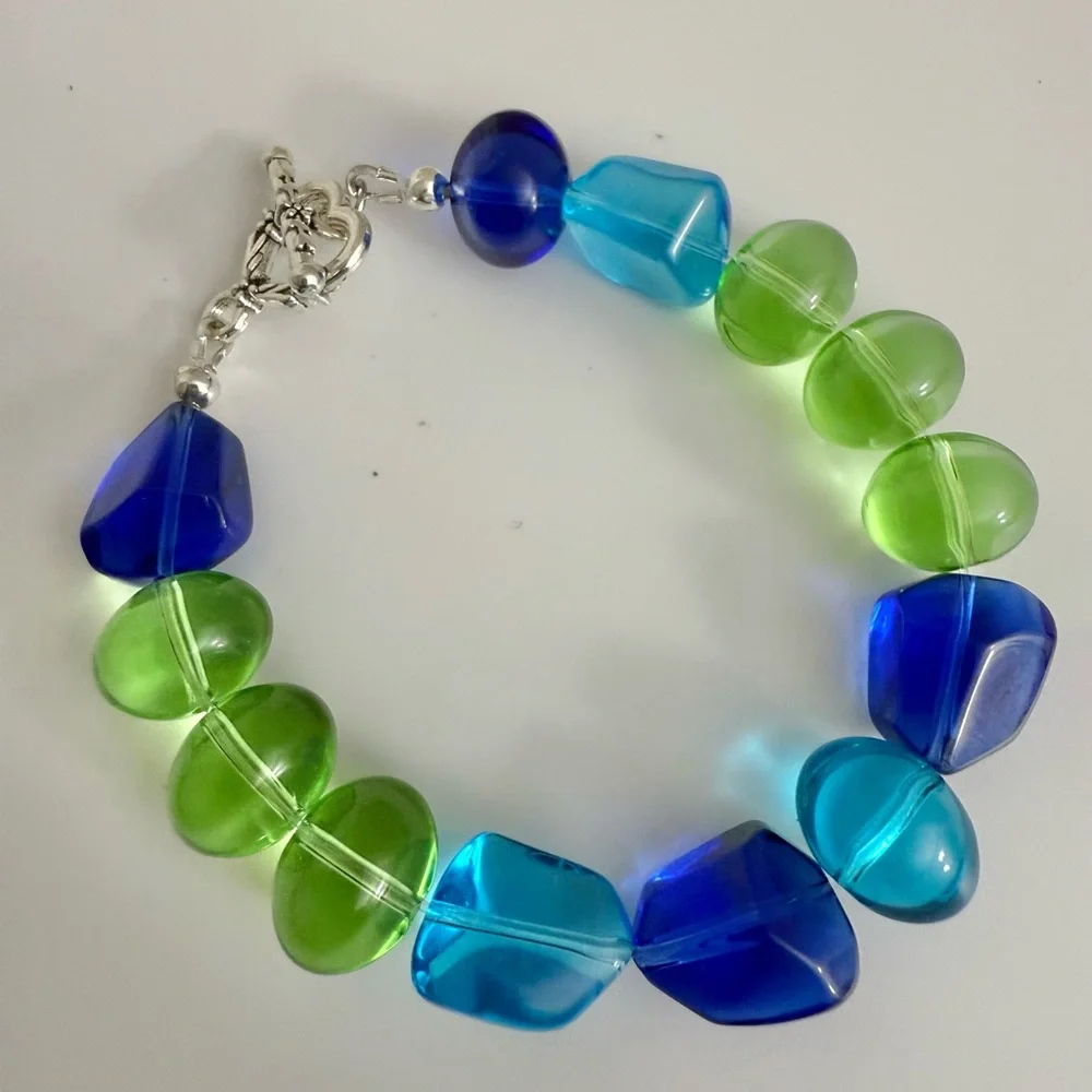 Chunky Boho Glass Nuggets Bracelet In Blue Topaz, Cobolt Blue & Algae Green